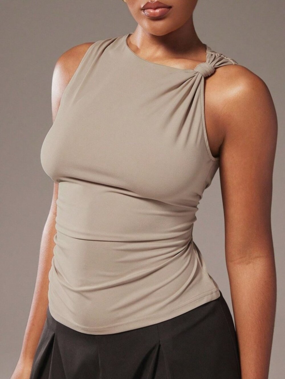 Taupe Knit Tank Top with Asymmetrical Knot Shoulder